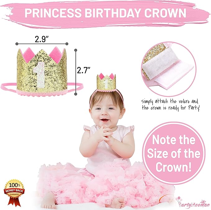 First Birthday Decorations for Girl | 1st Baby Girl Number 1 Balloon, Happy Birthday Banner, “One” Cake Topper, Star Garland, Marble Pink, Gold Confetti, Heart Balloons, Paper Tassels | PartyHooman