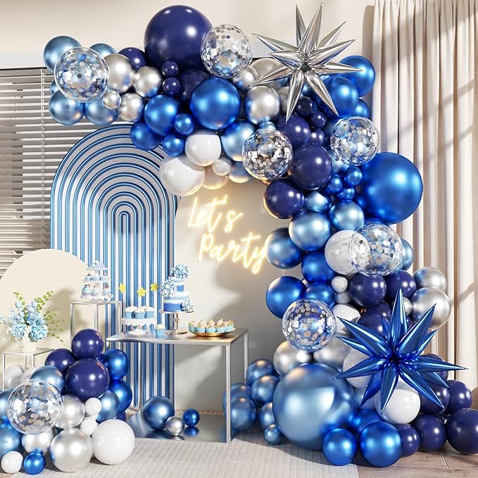 Blue White Silver Balloon Garland Arch Kit, 140Pcs Navy Light Metallic Blue Silver White Confetti Balloons With Stars for Birthday Wedding Birdal Shower Graduation Fathers Day Party Decorations
