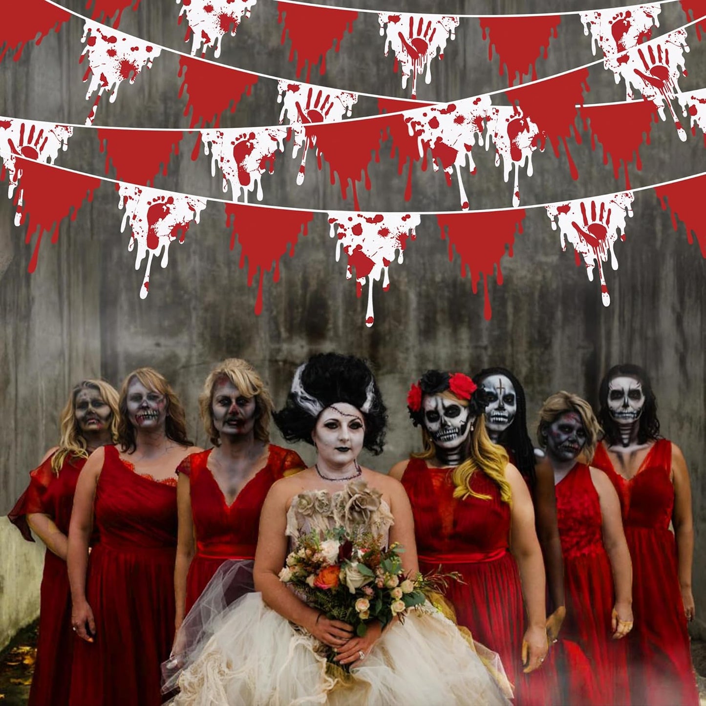 30Ft Halloween Party Decorations Red Bloody Handprint Footprint Triangle Flag Banner Fabric Pennant Garland Streamers for Happy Halloween Scary Zombie Vampire Horror Birthday Outdoor Garden Decor