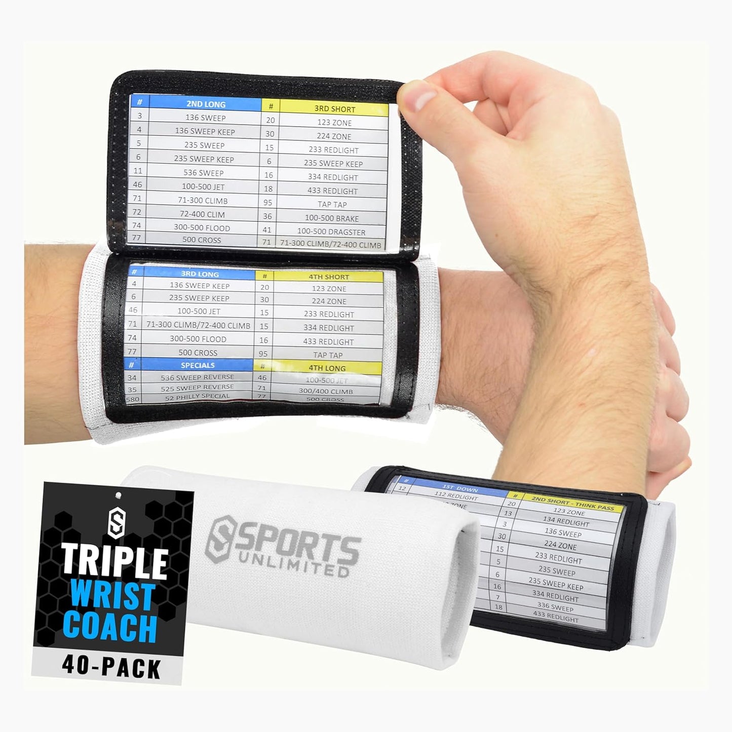Sports Unlimited Adult Triple Wrist Coach, Football Wristbands for Plays, Baseball Wristbands, QB Arm Bands