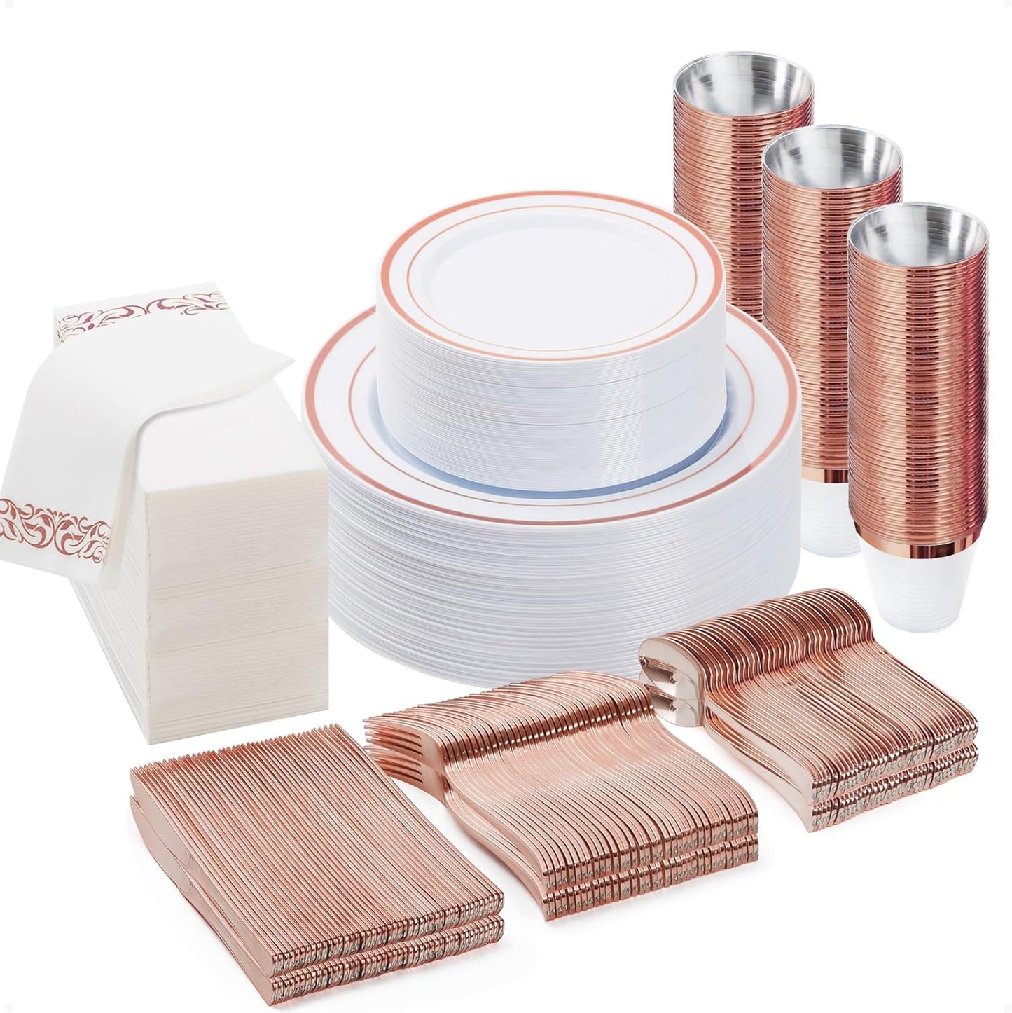 BESTVIP 350PCS Rose Gold Disposable Dinnerware Set for 50 Guests, Plastic Plates for Party, Wedding, Christmas, Halloween, Include: 100 Plastic Plates, 50 Silver Silverware, 50 Cups, 50 Napkins