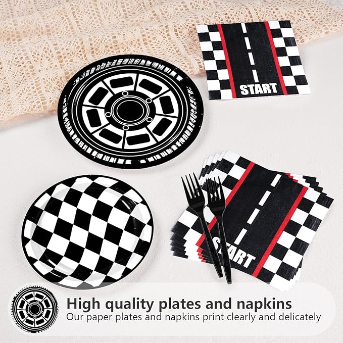 Grencian 200Pcs Race Car Birthday Party Decorations Race Car Plates and Napkins Disposable Black White Checkered Paper Tableware Set for Children Men Racing Themed Birthday Party Supplies Serve 24