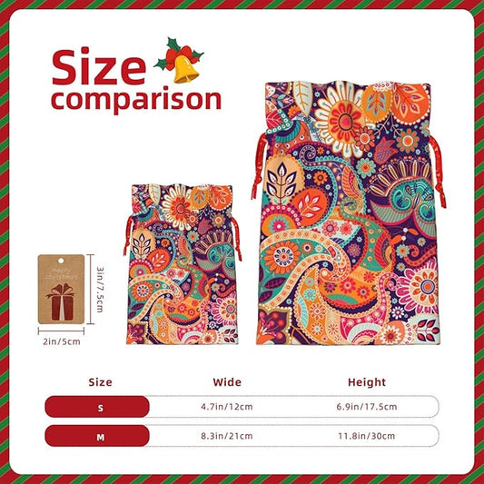 Jhggffd Boho Floral Colorful Bohemian Flower Christmas Gift Bags Christmas Treat Bags Cloth Christmas Gift Bag Drawstring Christmas Bags for Gifts Favor Bags Reusable Xmas Gift Bags for Holiday Party