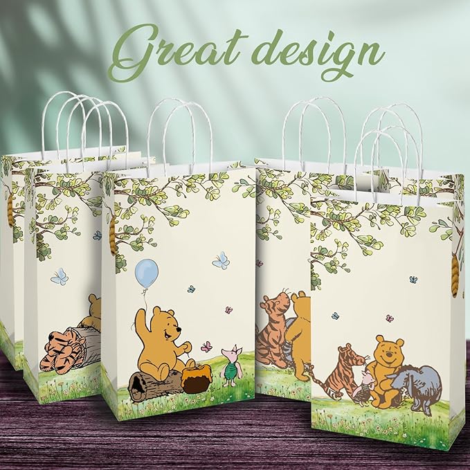 wjrsxilt Winnie Treat Bags - 16 PCS Paper Goodies Candy Bags Classic Bear Party Bag for the Pooh Baby Shower Present Bag Kids Party Decorations Supplies Decor