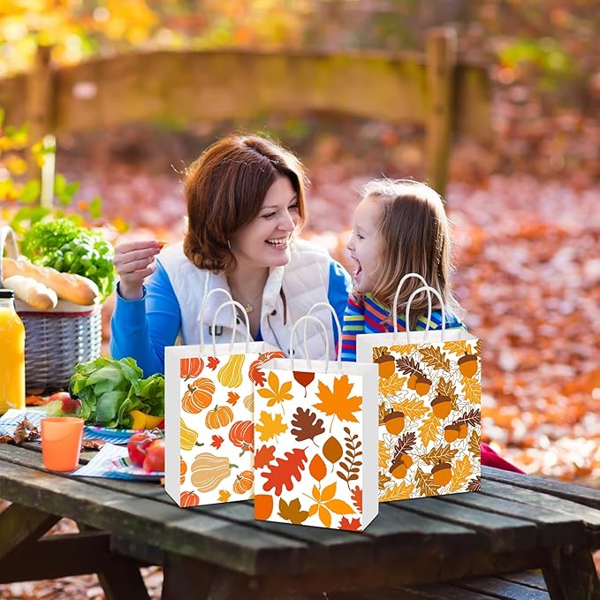 Glenmal 24 Pcs Fall Thanksgiving Gift Goodie Bags Bulk Maple Leaf Pumpkin Kraft Bags with Handles for Thanksgiving Autumn Party Favors Birthday Party Favors Supplies