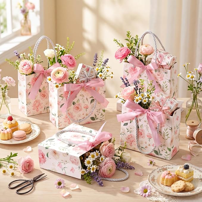 Moinchore 30 Pcs Pink Floral Paper Gift Bags with Ribbon Handles, 5.5 x 4.7 x 2.5 in Medium Decorative Favor Bags for Baby Shower, Bridal Party, Wedding, Birthday, Candy, Snacks and Small Gifts