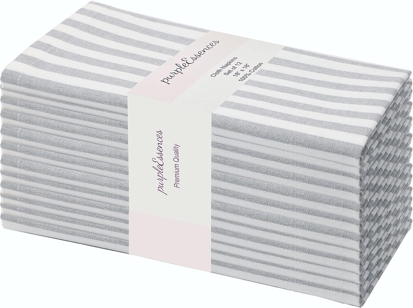 PurpleEssences Plain Striped Cloth Napkins - Set of 12-100% Cotton - 18 x 18 Inch - Fall Thanksgiving - Perfect Everyday Use Dinner Napkin - Gray and White