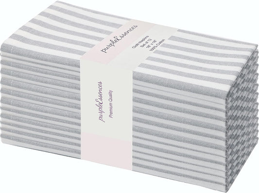 PurpleEssences Plain Striped Cloth Napkins - Set of 12-100% Cotton - 18 x 18 Inch - Fall Thanksgiving - Perfect Everyday Use Dinner Napkin - Gray and White
