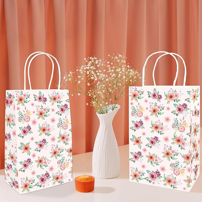 Fancy Land Floral Gift Bags with Handles Spring Paper Party Favor Bag for Wedding Birthday Bridal Baby Shower 24 Pack