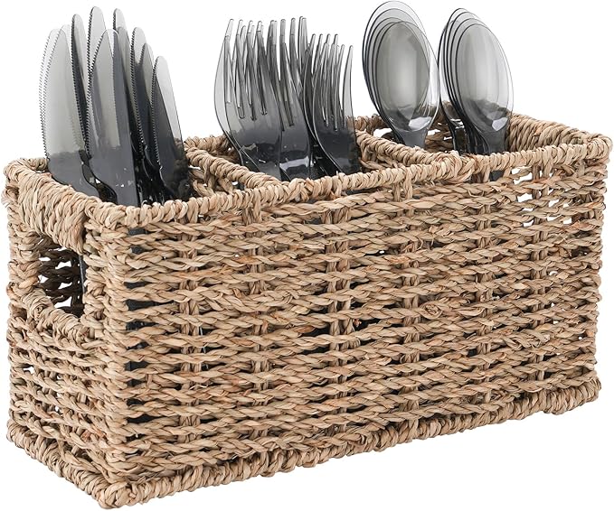 Wicker Party Silverware Caddy, Small Water Hyacinth Plastic Cutlery Utensil Holder, Hand Woven with Handles, Kitchen Countertop and Picnic flatware Organizer
