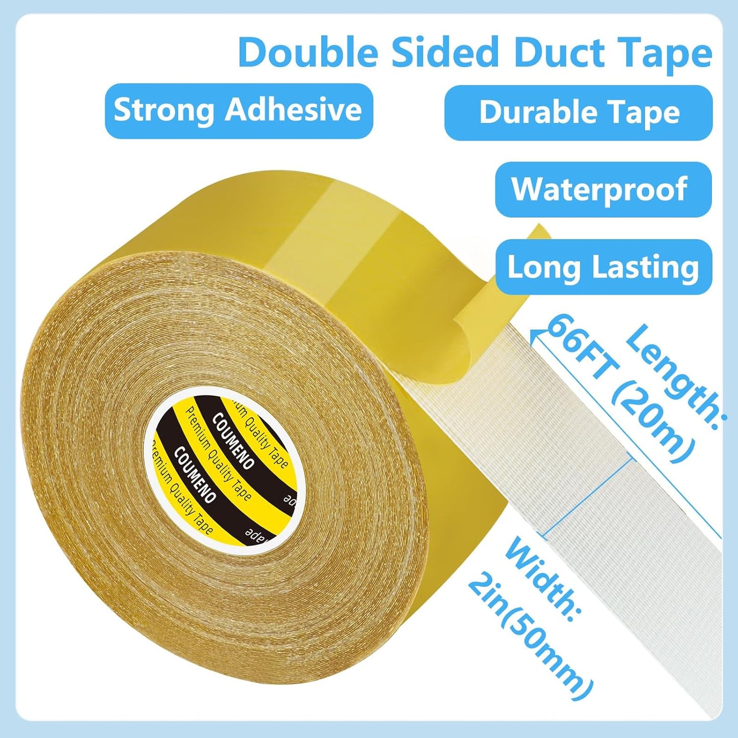 Heavy Duty Double Sided Tape 2inX66FT Strong Adhesive, Easy Tear, Multipurpose Duct Tape for Home, School, DIY Projects, Fixing, Patching, and Bonding