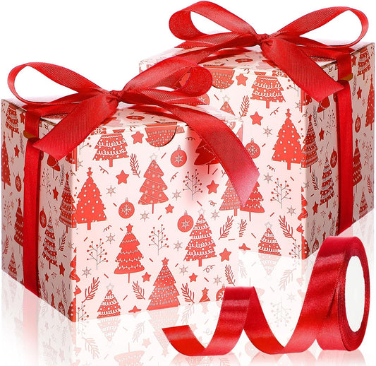 Dispowreath 48 Pcs 4x4x4 Christmas Gift Boxes with Ribbon Xmas Small Box with Lids Treat Boxes for Gift Wrapping Ornaments Wedding Holiday Birthday Party Favor(Tree)