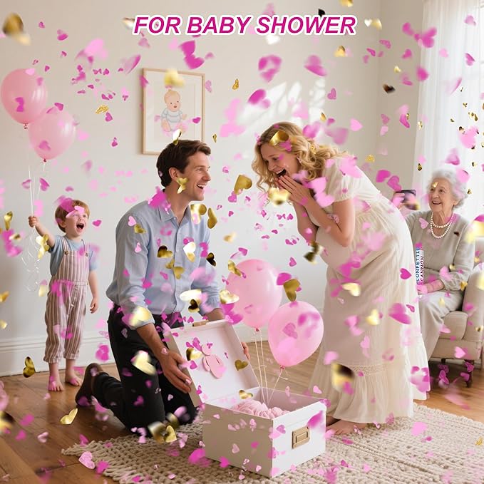 2 Pack Gender Reveal Confetti Cannon, 12 in Pink Round shaped Paper Party Poppers Cannons, Confetti Poppers For Baby Girl Gender Reveal Baby Showers (Heart, Pink)