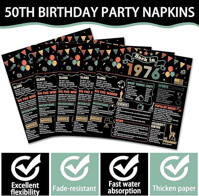96Pcs 50th Birthday Party Paper Plates and Napkins 50th Birthday Supplies for Men and Women Disposable Dessert Plates Back in 1976 Colorful Tableware 1976 Birthday Gatherings Decorations