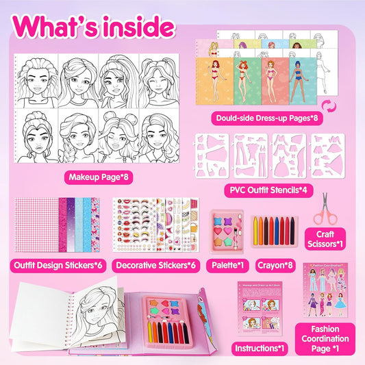 Mocoosy Makeup Craft Kit for Girls Ages 6-8, Pretend Makeup Coloring Activity Book with Stickers, Mess-Free Dress-Up Art and Crafts, Travel Game Road Trip Toy Birthday Gift for 4 7 9 10 12 Years Old