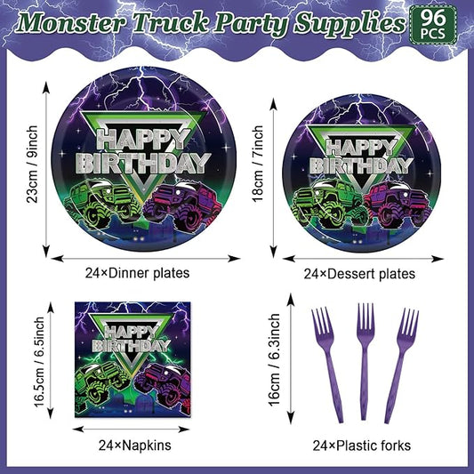 OBUSATT 96Pcs Monster Truck Birthday Party Supplies Truck Birthday Paper Plates Napkins and Forks Monster Truck Party Decorations Green Purple Dinnerware Party Favor ableware Serves 24