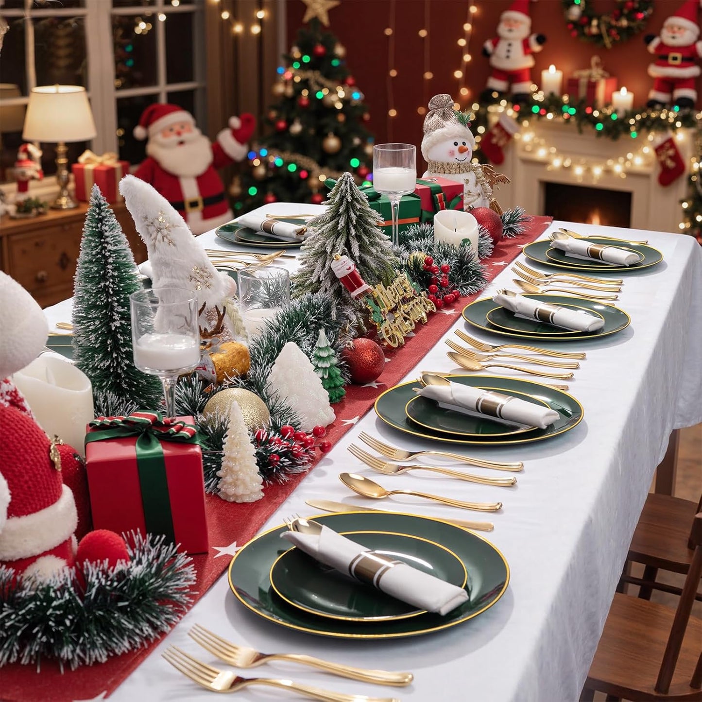 KIRE 175PCS Green Plastic Plates with Gold Rim - Heavy Duty Green Plates Disposable Include 50 Christmas Plastic Plate, 25Pre Rolled Napkins 25 Cups For Christmas/Party