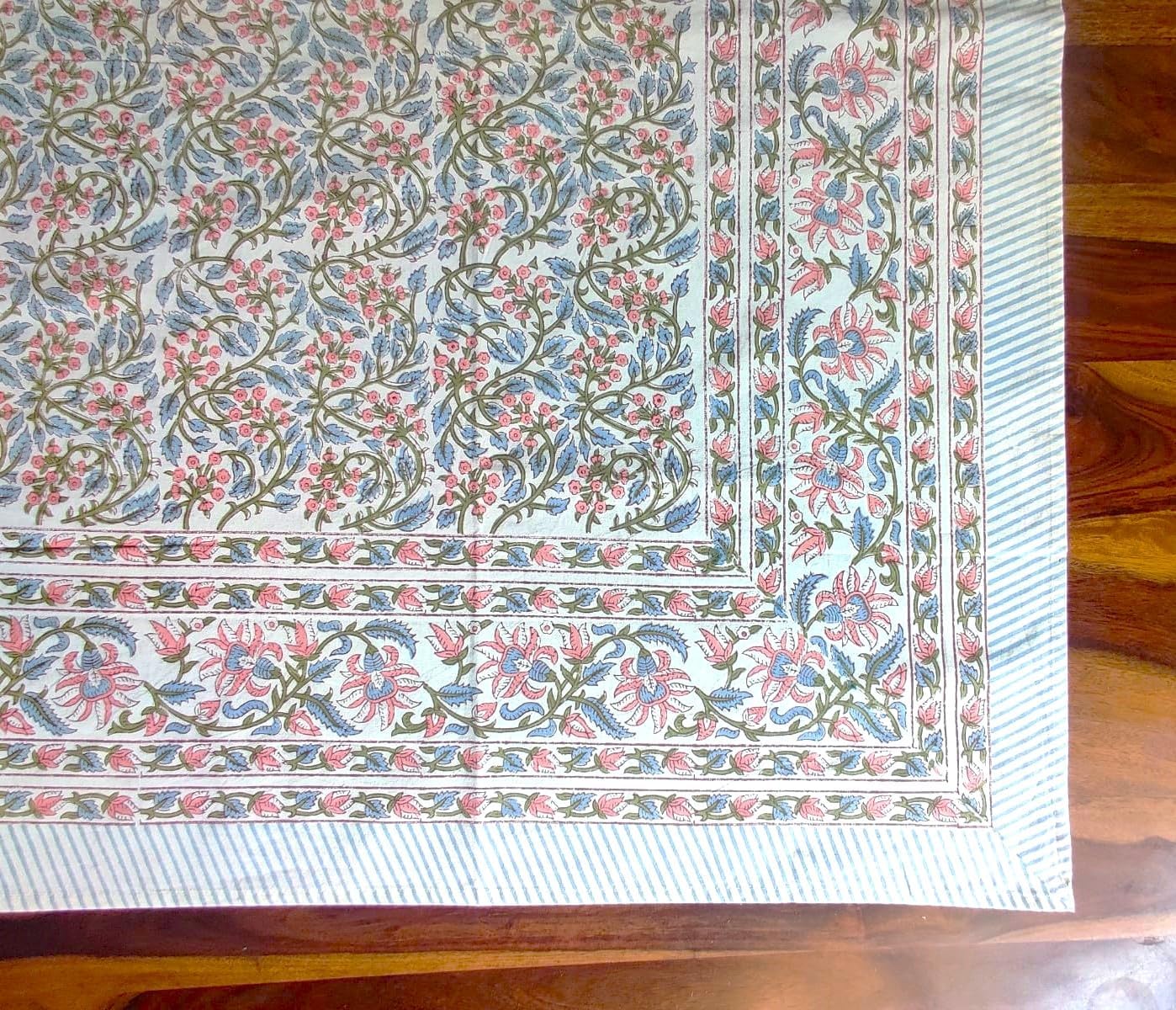 ATOSII Kalina 100% Cotton Rectangle Tablecloth, Handblock Floral Linen Table Cloth for Kitchen Dining Table I Parties Wedding Outdoors I Home Decor 60 X 90 Inches