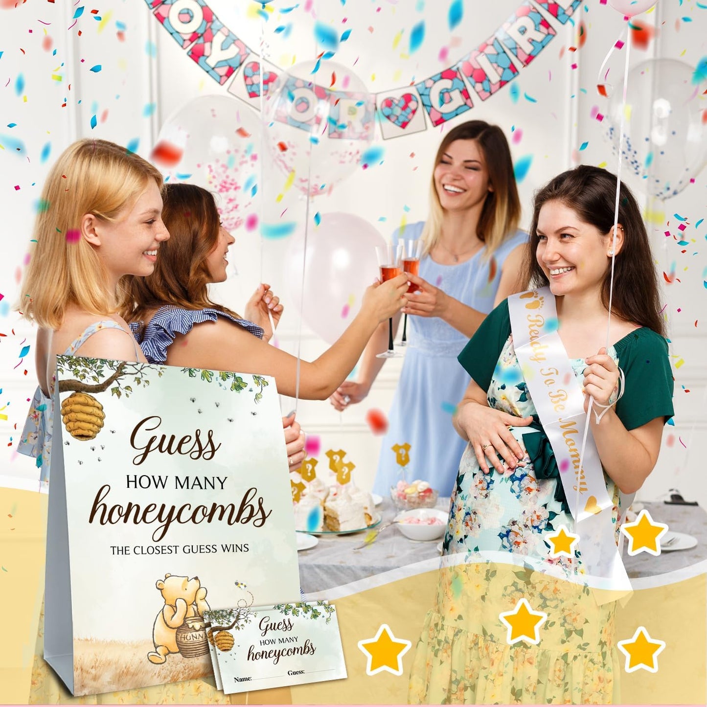 Winnie Baby Shower Decorations - Winnie Party Games - Gender Reveal & Birthday Decorations - Guess Honeycombs Green