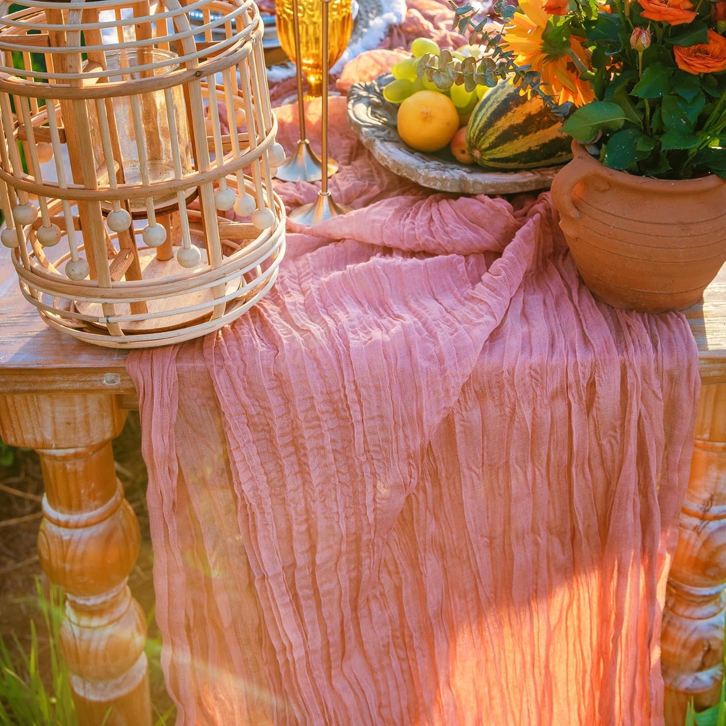 DOLOPL Dusty Rose Cheesecloth Table Runner 13.3ft Boho Gauze Cheese Cloth Table Runner Rustic Sheer Runner 160inch Long for Wedding Bridal Baby Shower Birthday Party Cake Table Decorations