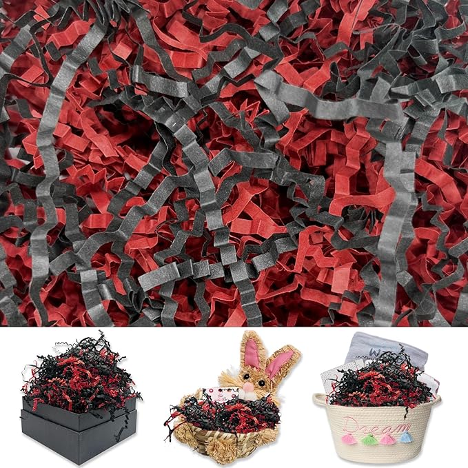 Black Red Crinkle Cut Paper Shred Filler, 2 LB Basket Filler Shredded Paper, Confetti Stuffing for Basket Filling, Mother's Day, Birthdays, Weddings, DIY Gift Wrapping, Stuffer Party Supplies