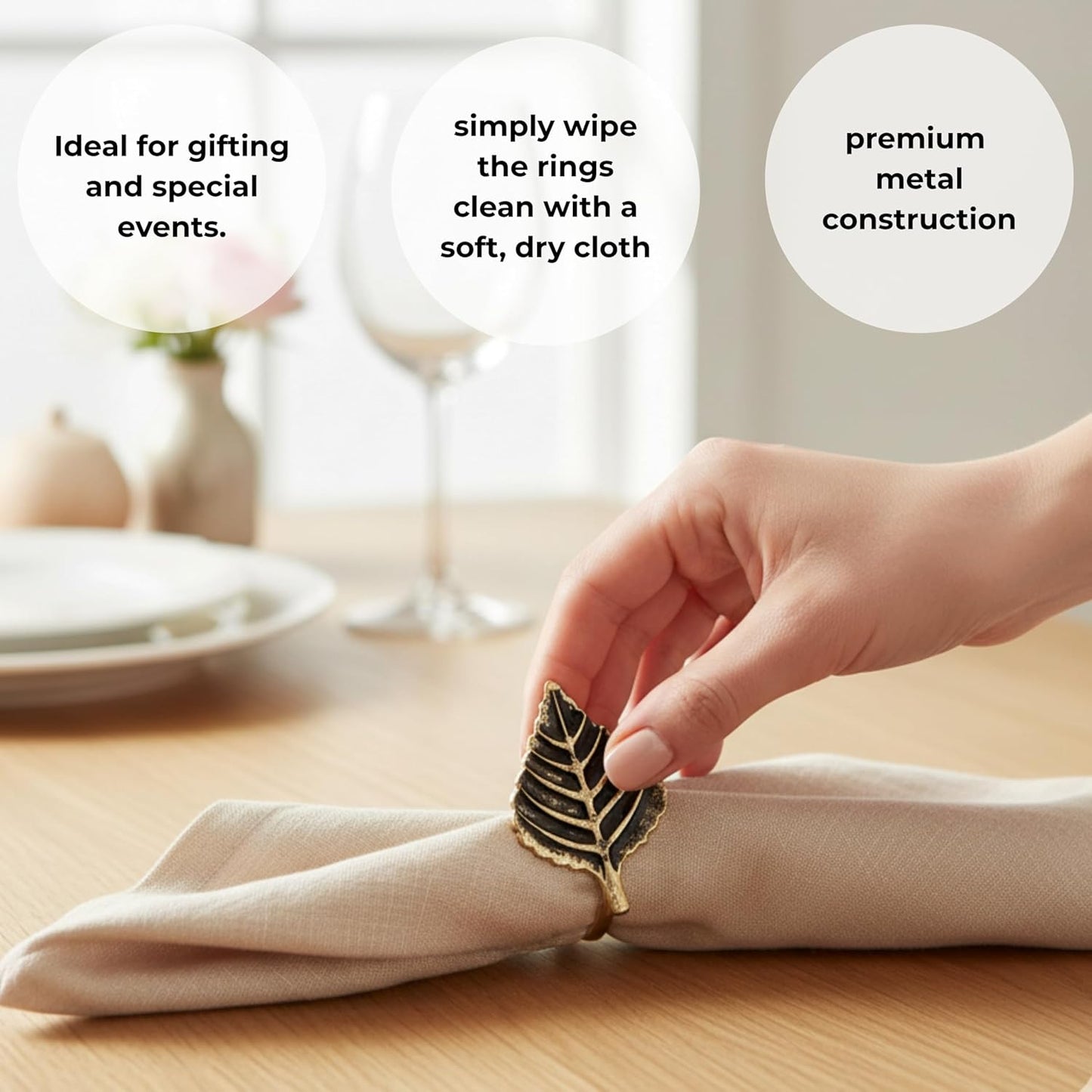 Set of 12 Napkin Rings for Farmhouse Decor Premium Metal Leaf Dinnerware Napkin Holders Thanksgiving, Christmas, and Easter Table Setting (Antique Gold) - ALPHA Living HOME
