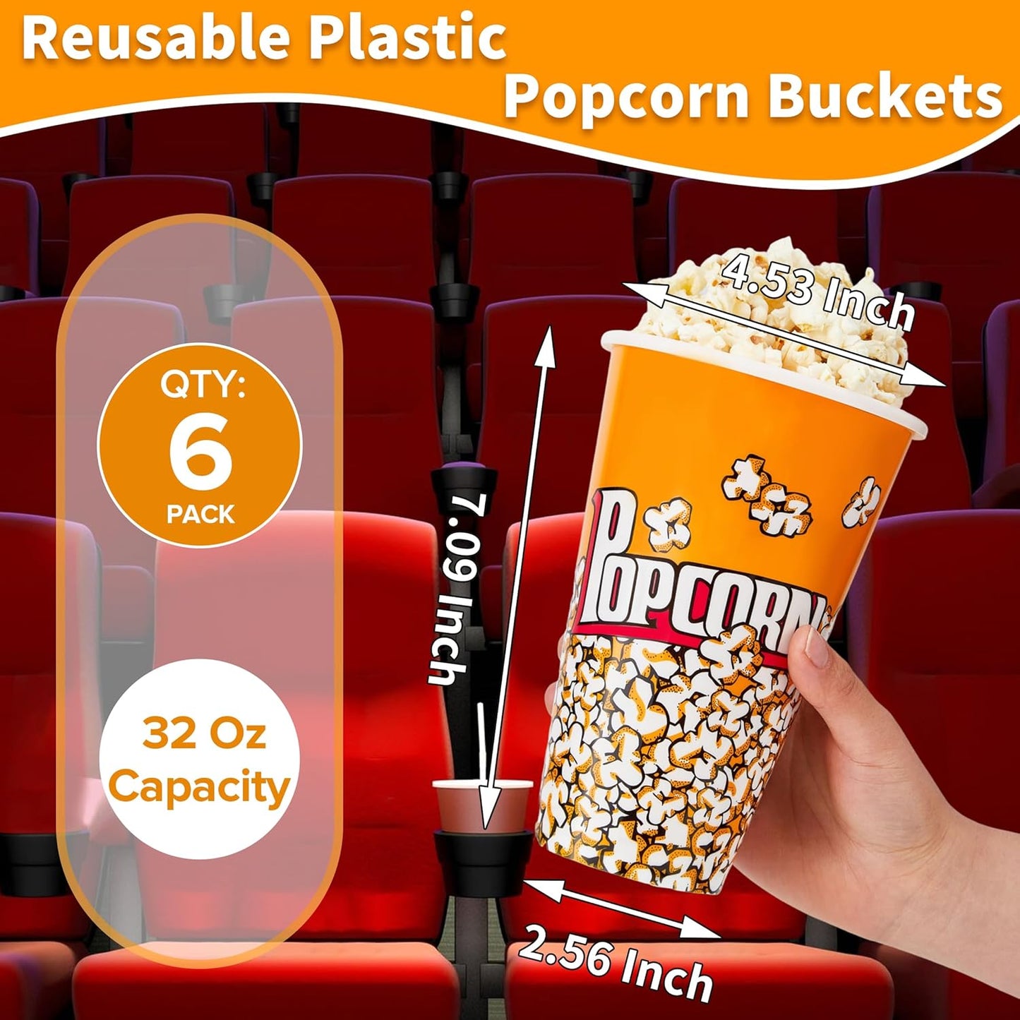 Plastic Popcorn Containers Retro Style Small Reusable Popcorn Buckets for Movie Night-6 Pack