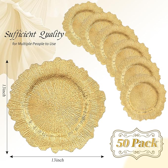 50 Pack Gold Charger Plates Bulk, 13" Plastic Reef Chargers for Dinner Plates, Round Charger Plate with Floral Reef Design for Dinner Wedding Party Table Setting Decoration