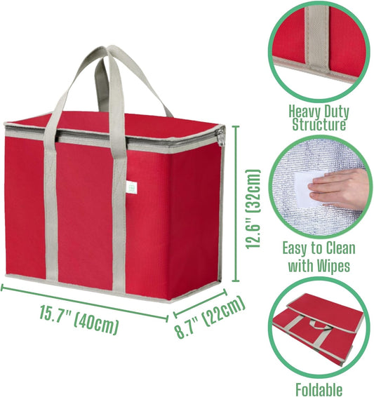 VENO 3 Pack Cooler Bag and Insulated Grocery Bags for Food Delivery, Collapsible Cooler, Reusable Shopping Bags for Groceries with Zipper, Foldable, Heavy-Duty, Stands Upright (Red, 3 Pack)