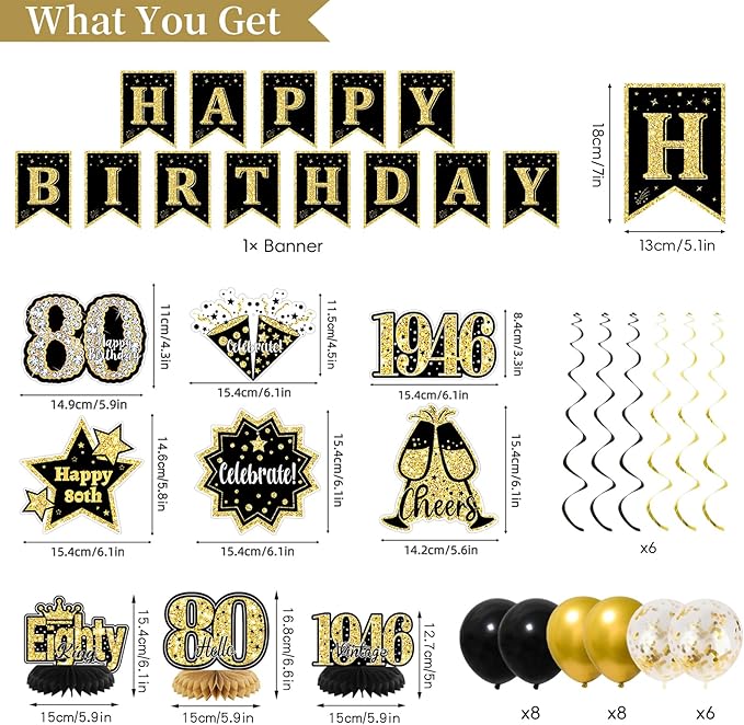 80th Birthday Decorations for Men, Black Gold Back In 1946 Party Supplies Set with Sash, Banner, Backdrop, Balloons, Cake Topper for 80 Year Old Birthday Decorations
