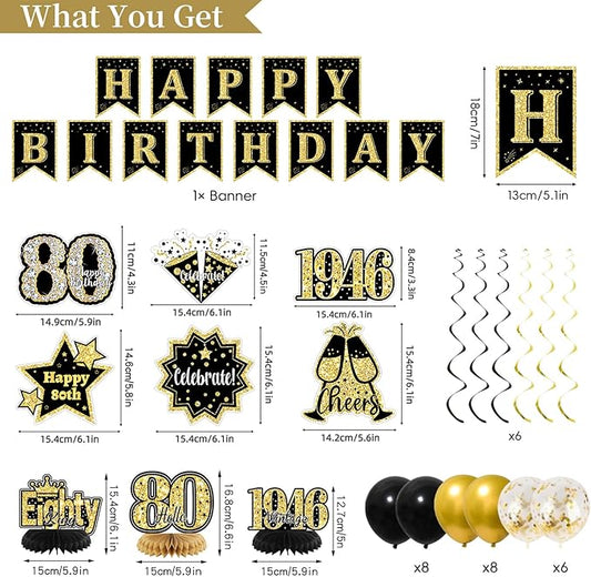 80th Birthday Decorations for Men, Black Gold Back In 1946 Party Supplies Set with Sash, Banner, Backdrop, Balloons, Cake Topper for 80 Year Old Birthday Decorations