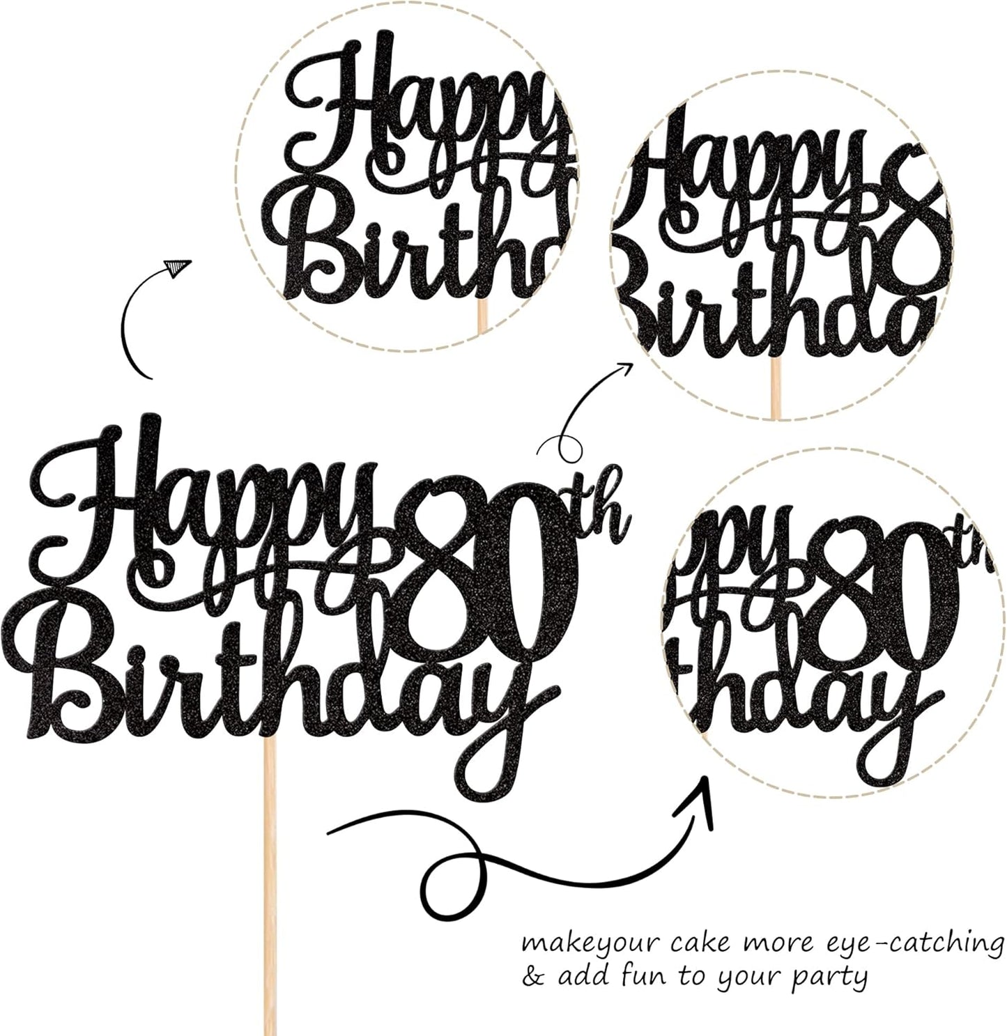 1 PCS Happy 80th Birthday Cake Topper Glitter Cheers to 80 Years Birthday Cake Pick 80 Fabulous Cake Decoration for Happy 80th Birthday Theme Party Decorations Supplies Black