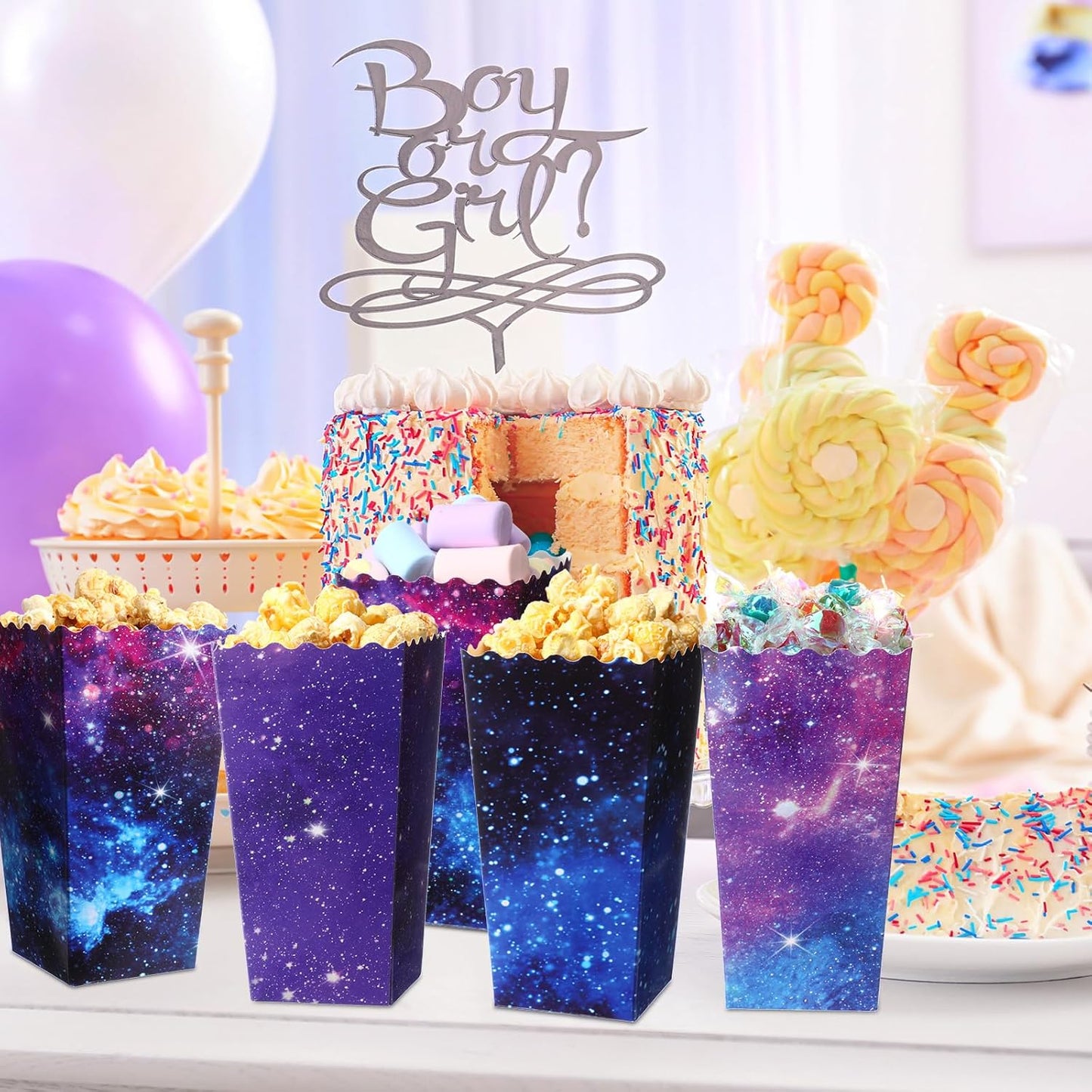 Honoson 48 Pcs Galaxy Popcorn Boxes 6 x 2.4 Inches Outer Space Popcorn Bucket Disposable Paper Food Trays Candy Goodies Treat Container for Birthday Movie Night Baby Shower Party Favor Supplies