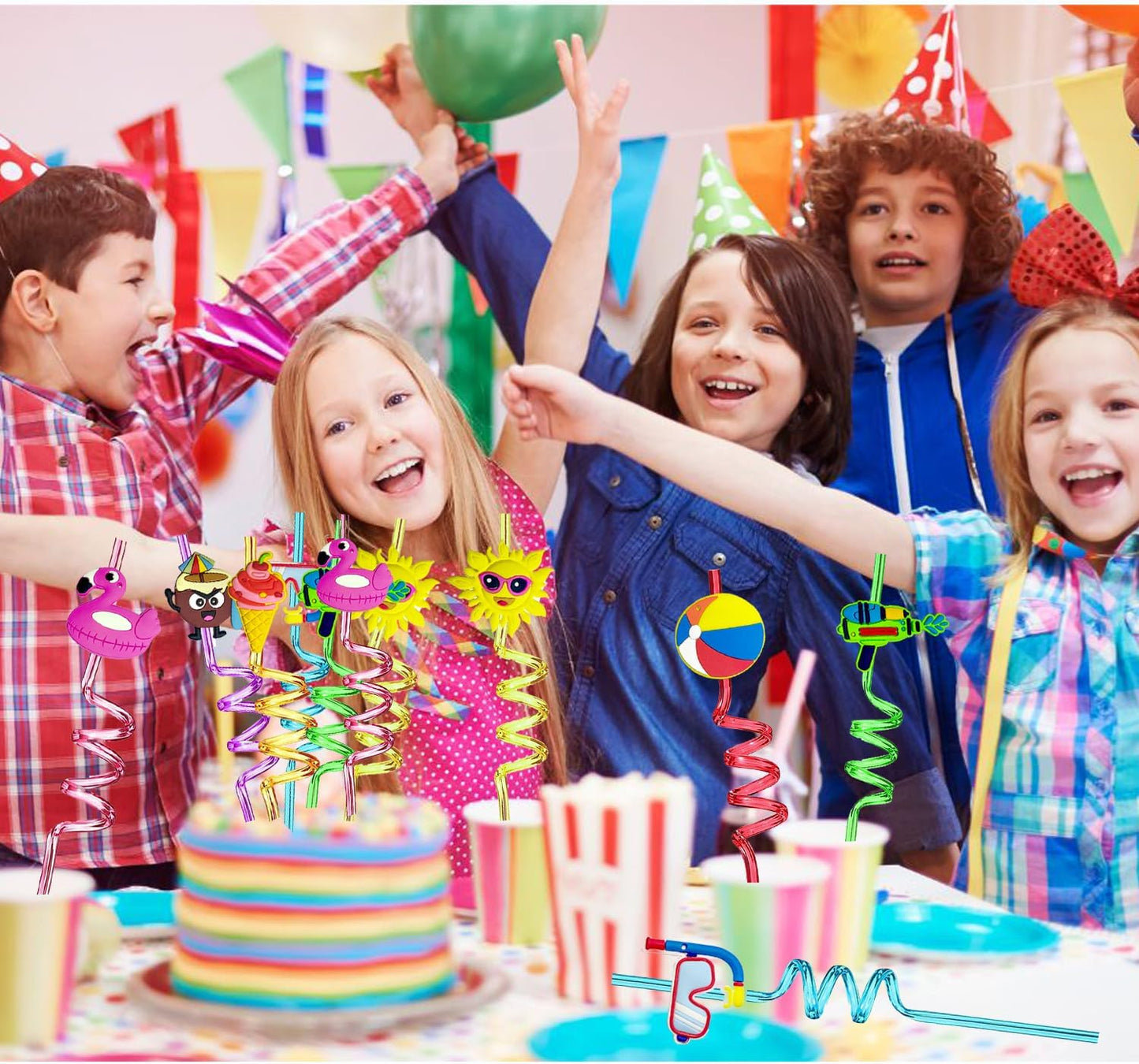 24 PCS Straws for Birthday Party Supplies Drinking Straws with 2 PCS Cleaning Brushes (Summer Beach)