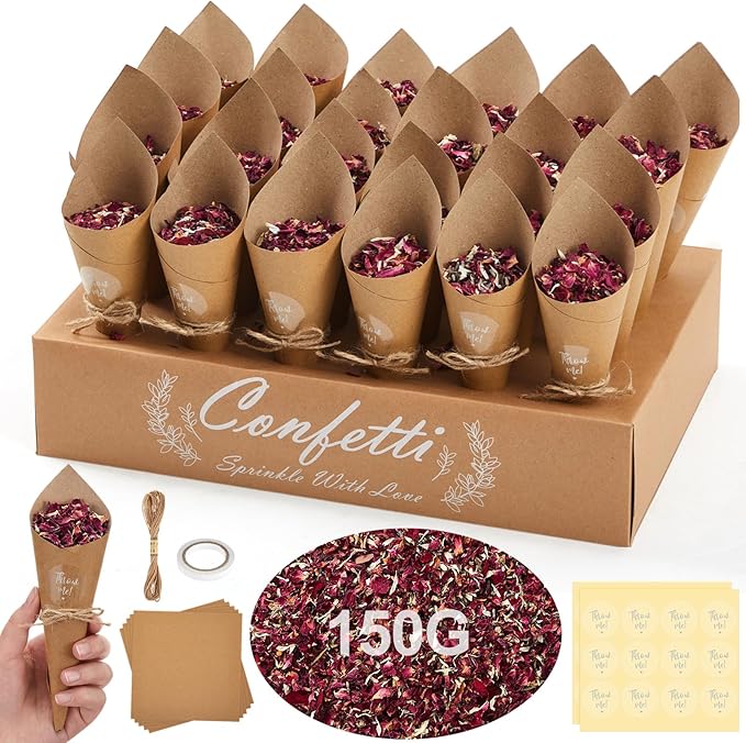 1 Sets Wedding Confetti Cones with 150g (5.29 Oz) Biodegradable Dried Flowers Rose Petal - 30 Kraft Paper Cones, Tray & Stickers for Wedding, Bridal Shower, Engagement Party, Baby Shower