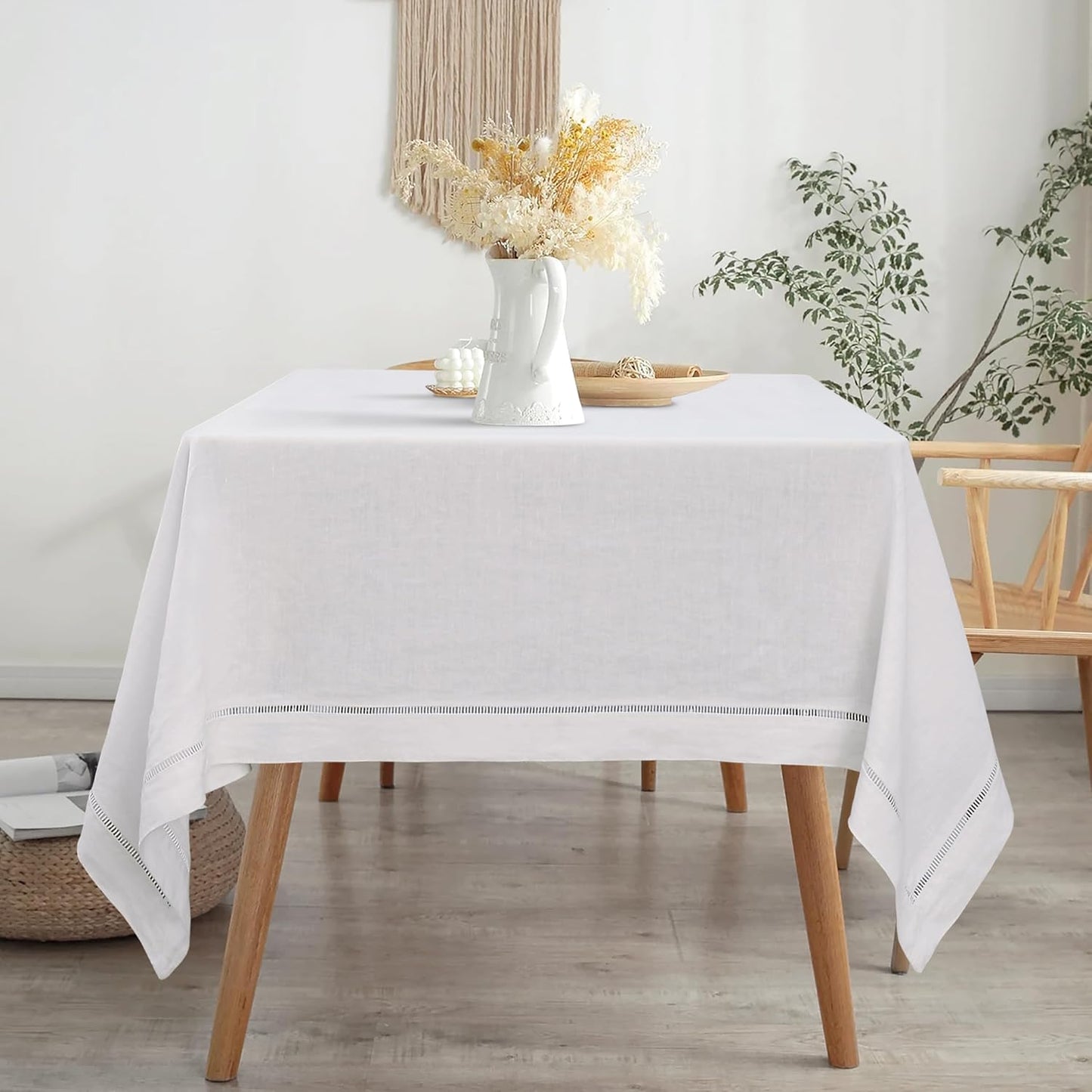 Linen World Hemstitch Linen Tablecloth,French Linen White Tablecloth 90" x 60" Inch,Washable Rectangular Table Cloth for Dining,Outdoor,Weddings and Restaurants,Decorative Thanksgiving Christmas