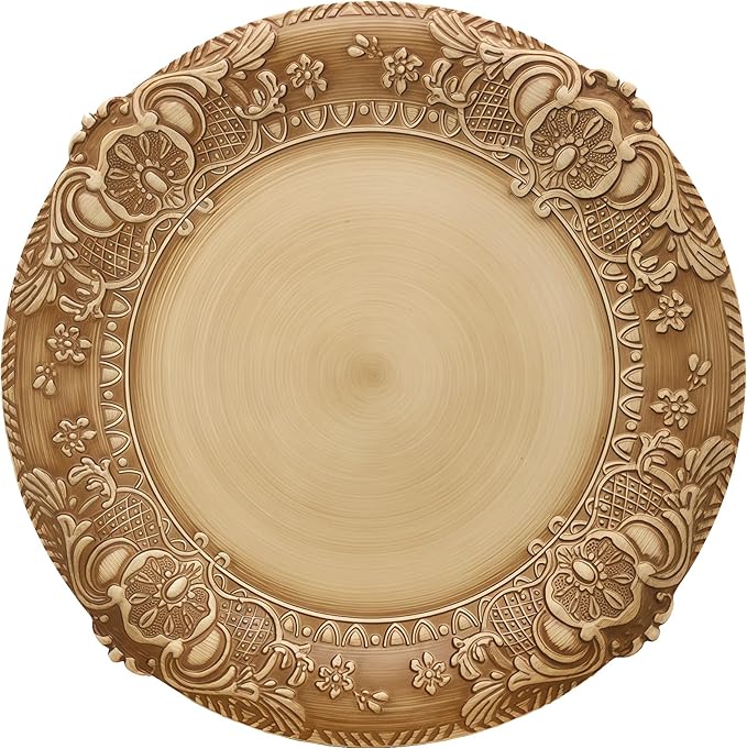 13-Inch Vintage Embossed Charger Plates, Set of 6 - Decorative Antique Gold Plastic Underplates for Dinner Party, Wedding, and Holiday Table Decor - Durable & Reusable Service Plates