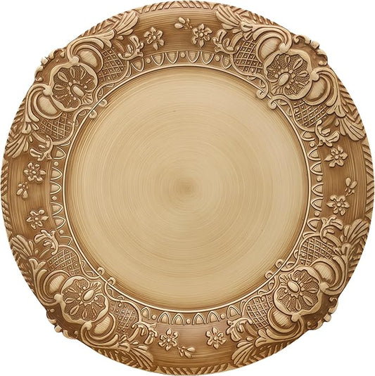 13-Inch Vintage Embossed Charger Plates, Set of 6 - Decorative Antique Gold Plastic Underplates for Dinner Party, Wedding, and Holiday Table Decor - Durable & Reusable Service Plates