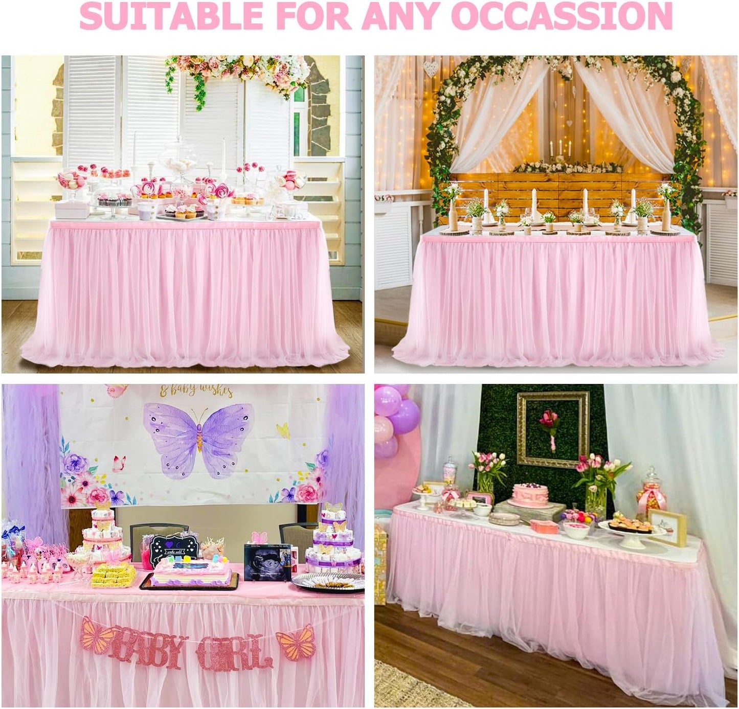 6ft Pink Tulle Table Skirts Baby Shower Tulle Tablecloth for Rectangular Tables Tutu TableSkirt Desk Skirt 72in Round Ruffle Table Cover for Princess Birthday Party Cake Dessert TableDecorations