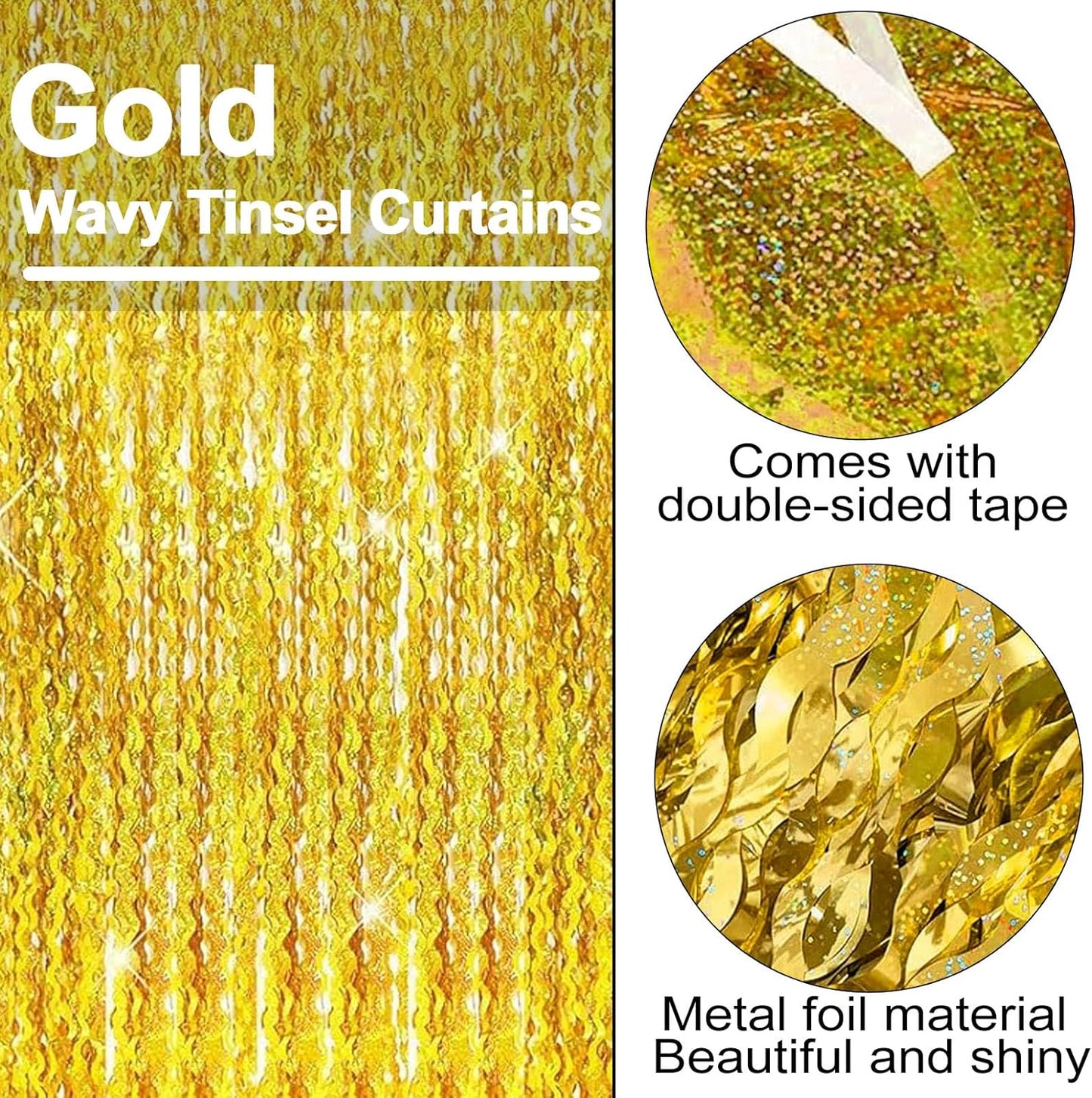4 Pack Gold Fringe Curtain Backdrop 3.2Ft x 8.2Ft Metallic Tinsel Foil Fringe Streamers Background for Photo Booth, Easter, Mother's Day, Bachelorette, Wedding, Birthday Party Decoration