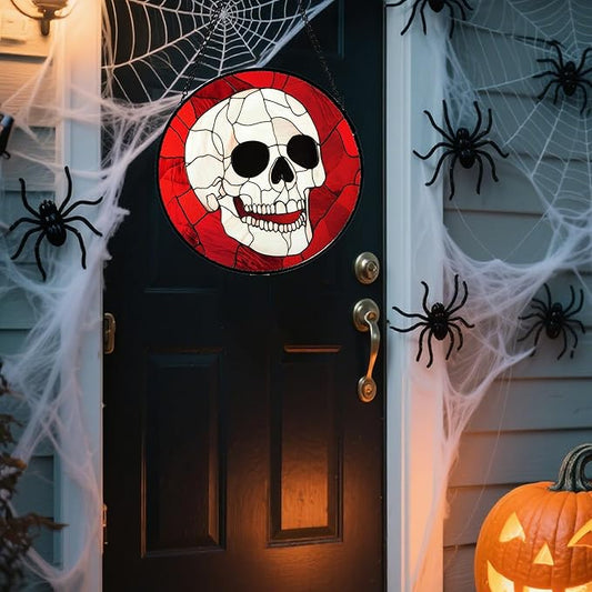 Stained Glass Window Hanging - Halloween Decoration White Skeleton Skull Suncatcher for Door Garden Spooky Red Sun Catchers Gothic Decor Horror Gifts for Women Men Friend Boy Girl 15 in