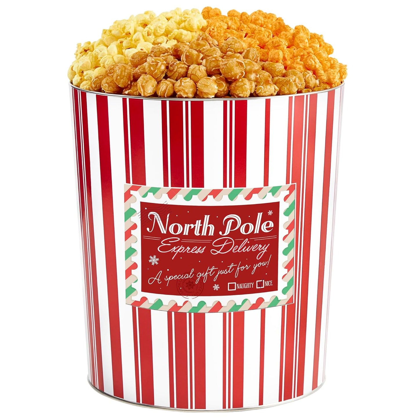 The Popcorn Factory Tins With Pop® 3.5 Gallon North Pole Express Delivery 3 Flavor