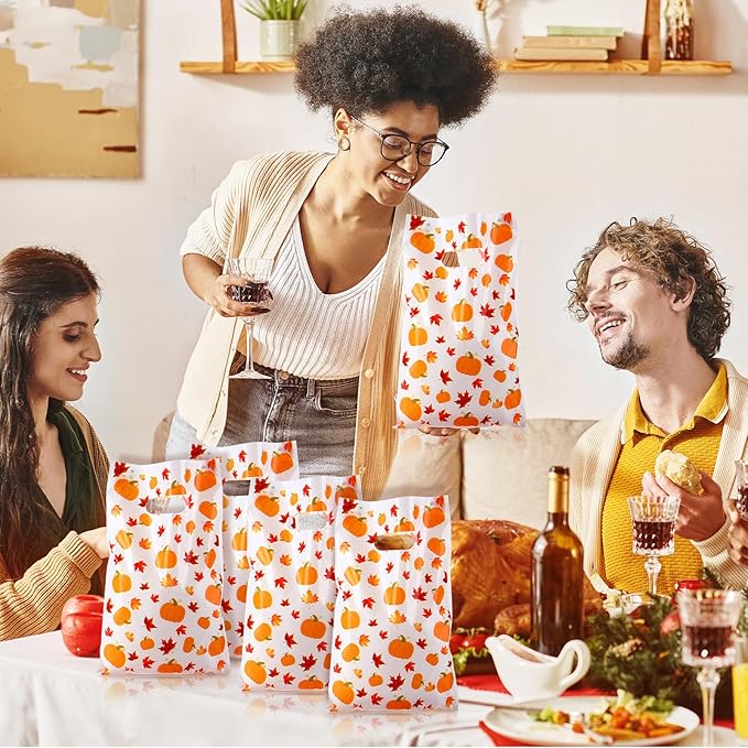 Supervitae 100 Pcs Fall Plastic Gift Bags Thanksgiving Party Favor Bags Bulk Pumpkin Maple Leaves Goodie with Handle for Autumn Party Supplies