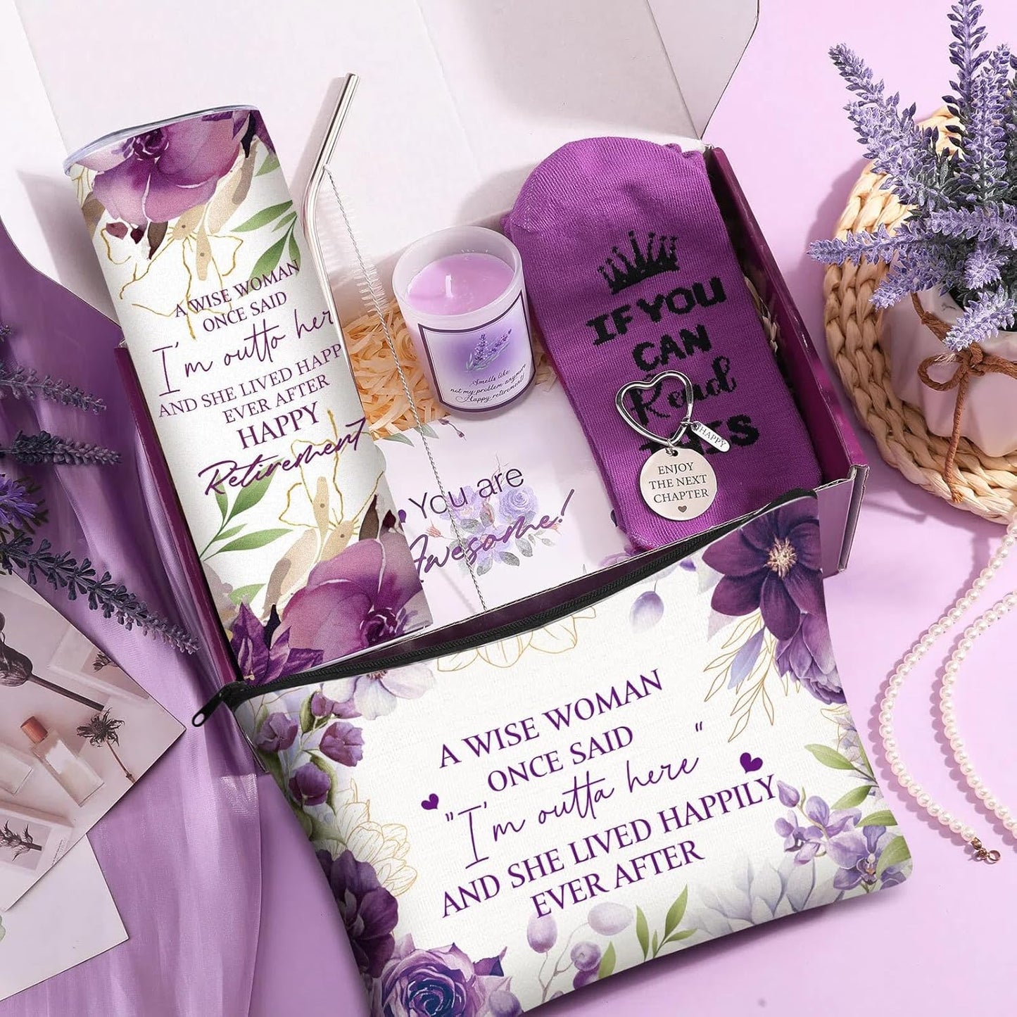 Bokon 7 Pcs Retirement Gift for Women 2025, Retirement Party Decorations, Gift Box for Coworker Teacher Mom Nurse Boss Friend with 20oz Tumbler Canvas Tote Bag(Purple)