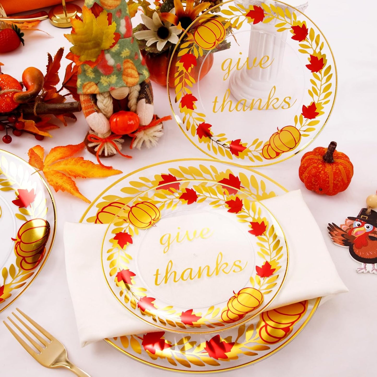 Rubtlamp 60 Pcs Thanksgiving Plastic Plates, Clear Gold Disposable Plates, Red Gold Thanksgiving Party Plates Includes 30 Pcs 10.25” Gold Dinner Platos, 30 Pcs 7.5”Clear Dessert Platos for Autumn