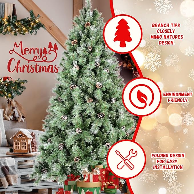 9FT Frosted Christmas Tree with 122 Pine Cone & Pine Needles, Premium Unlit Artificial Christmas Tree with 2518 Branch Tips, Realistic Hinged Xmas Trees with Metal Stand for Holiday Decoration