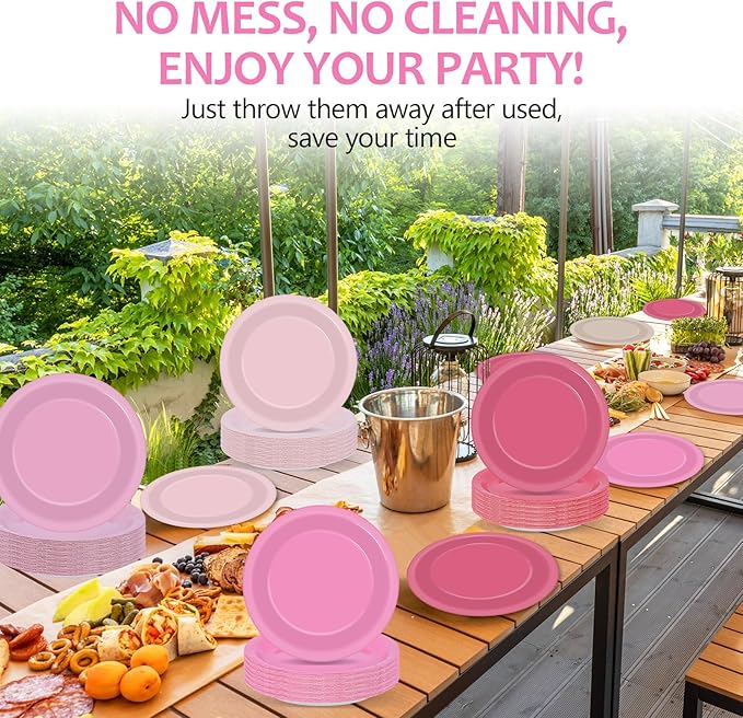 100Pcs Valentines Day Pink Paper Plates 9 Inch Gradient Pink Color Plates Disposable Round Dessert Plates Solid Color Plates Tableware Decorations for Girl Birthday Wedding Baby Shower Party Supplies