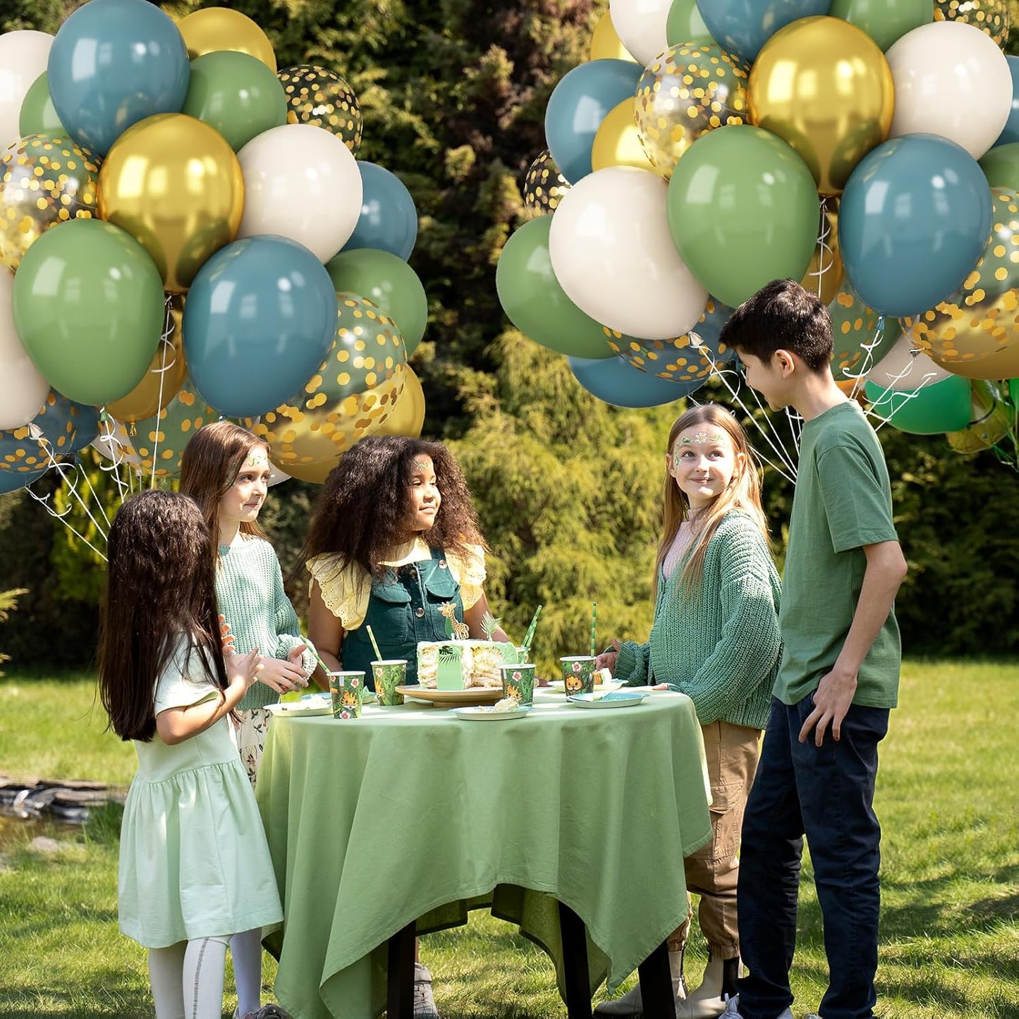 Green Blue Balloons Sage Beige Gold Balloons Jungle Woodland Party Decorations Dusty Blue Green White Balloon 60pcs 12inch Latex Balloons Gold Confetti Helium Safari Wild One Dino Birthday DIY