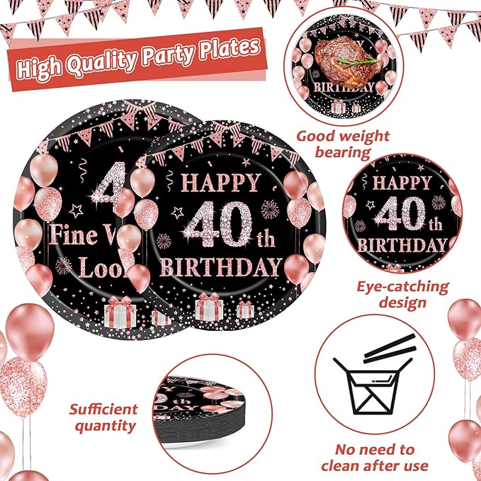 96PCS 40th Birthday Paper Plates and Napkins for 40 Is Fine When You Look 29 Themed Party Supplies Black Rose Gold Dinnerware Set for Women Cheers to Forty Birthday Gatherings Decorations