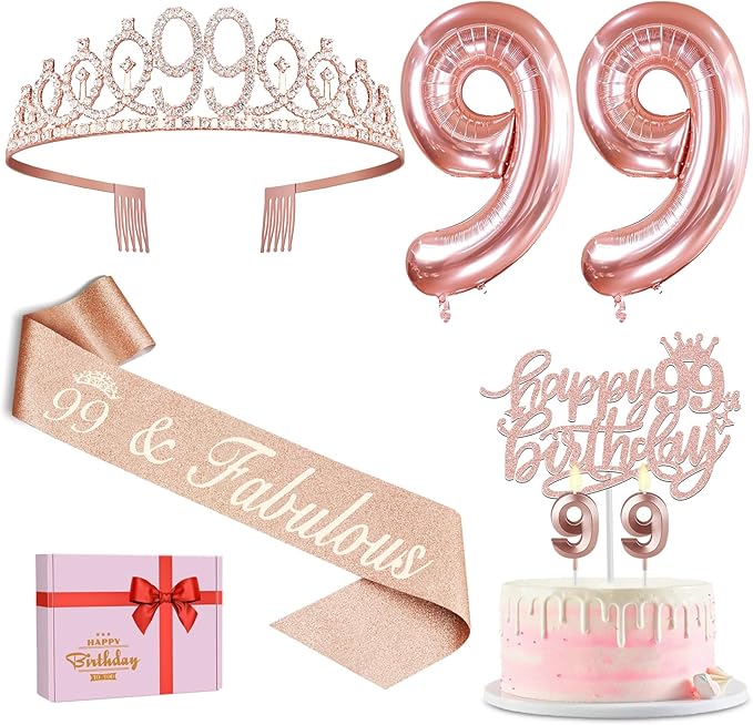 99th Birthday Decorations for Women with 99th Birthday Sash and Tiara, Cake Topper and Candles, Number Balloons, 99 Year Old Gifts for Women